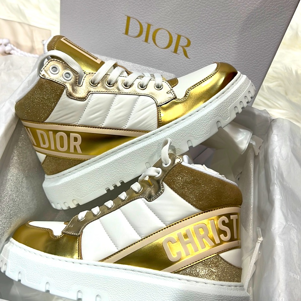 Christian Dior D-player nylon laminate lace up sneakers gold white 36.5